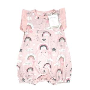 NEW WITH DEFECTS Bestaroo Rainbows & Stars Flutter Sleeve Romper in Pink 6-12M